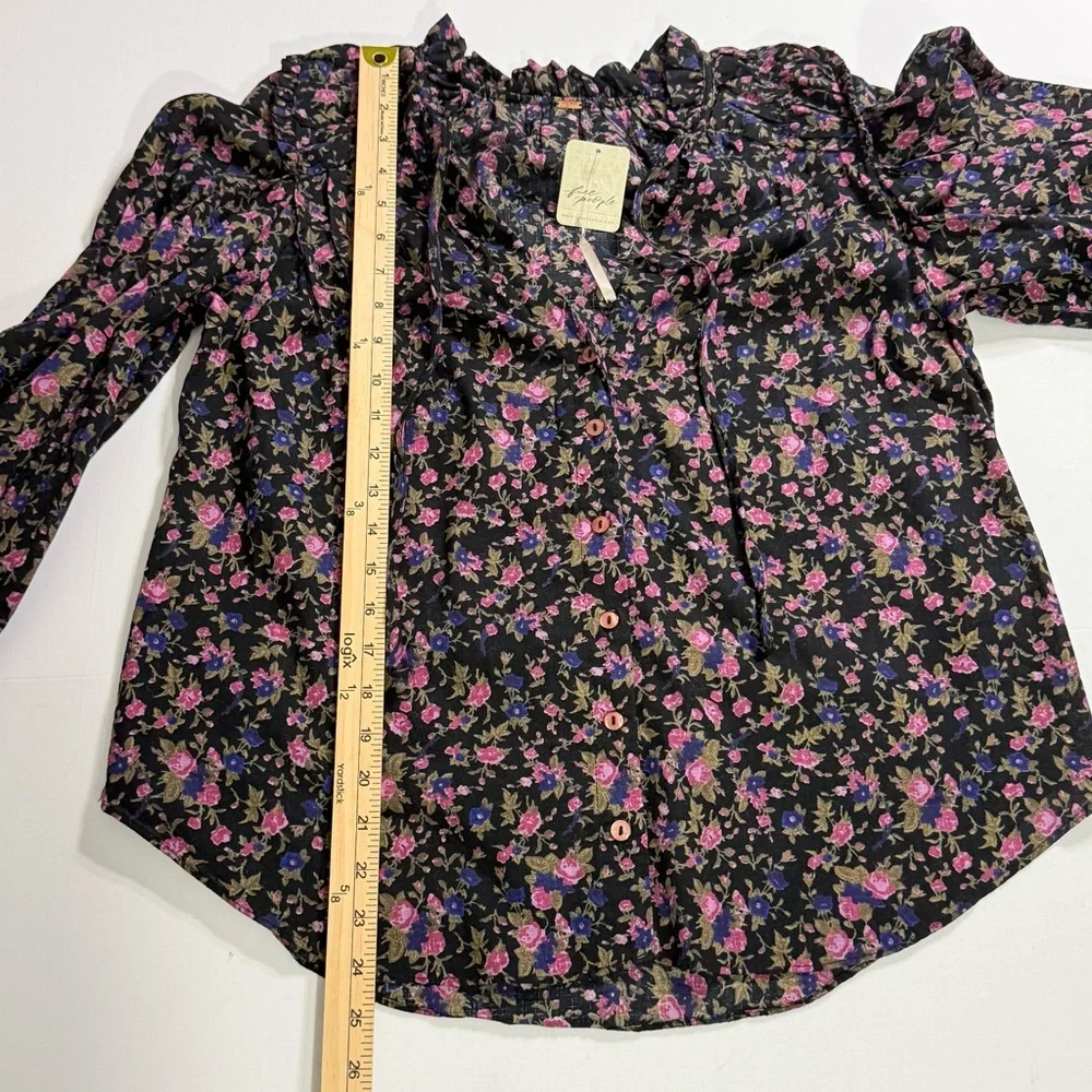 Boho Floral Free People Puff Sleeve Cotton Blouse Black NWT Size XS Extra Small
